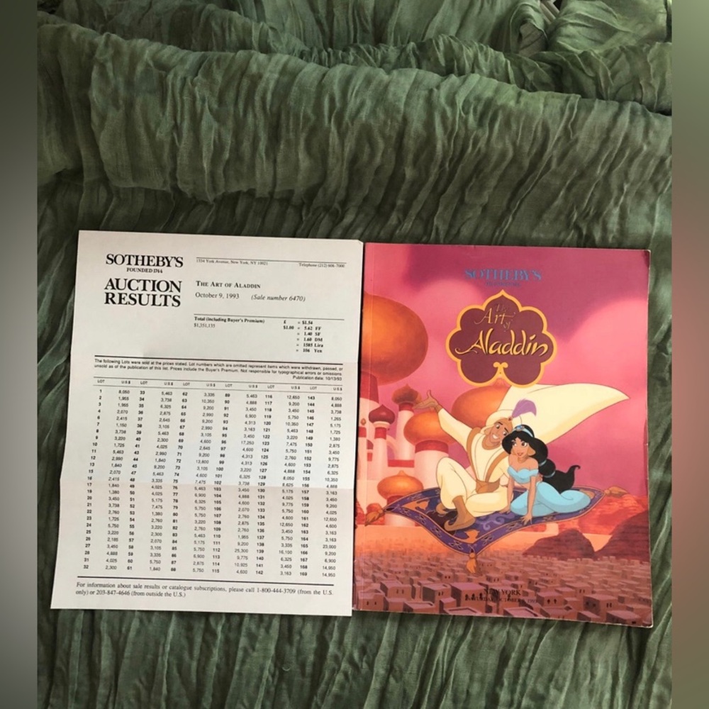 Sothebys Disney Art of Alladin Catalog with Sales List 1993